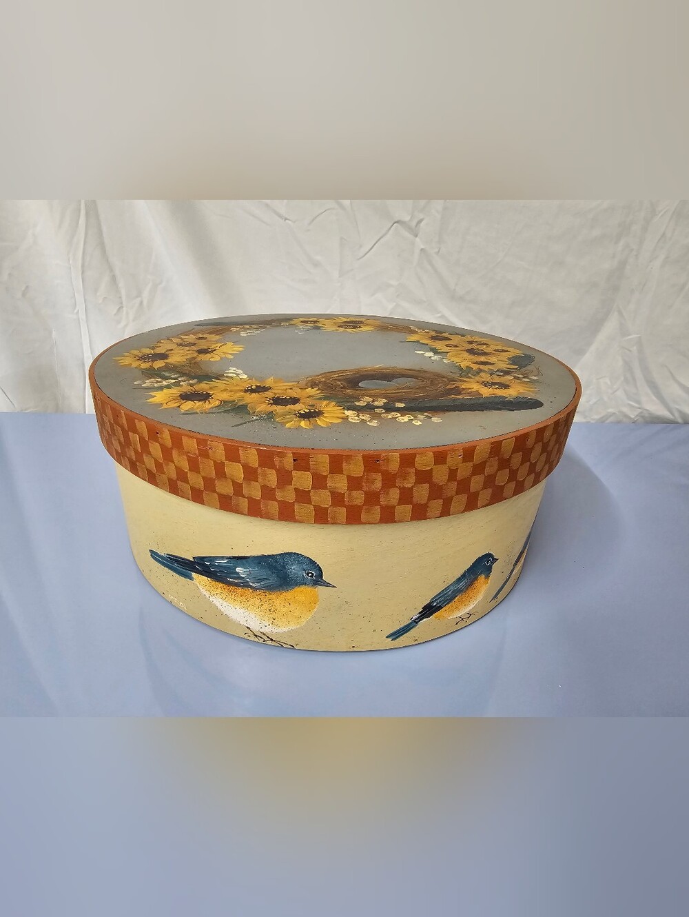 Vintage Hand-Painted Shaker Style Bentwood Band Box - 13" Bluebirds & Sunflowers